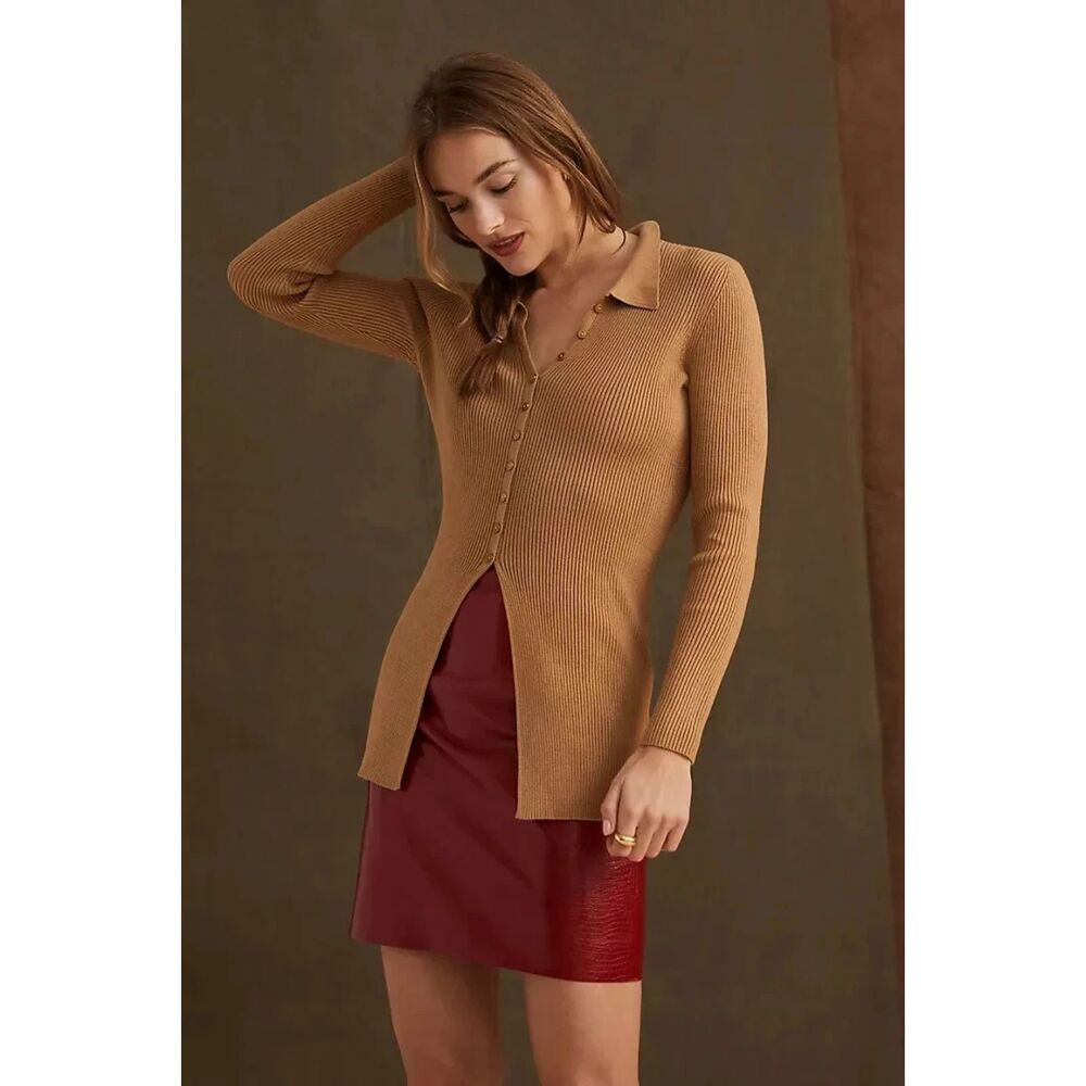 Anthropologie Maeve Ribbed Knit Slim Cardigan L Honey Brown Classy Essential